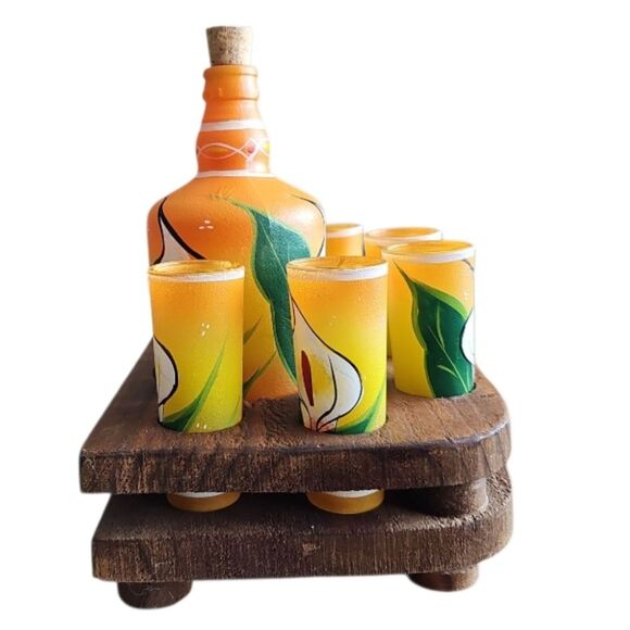 Vintage Grupo Corona Mexican Barware Set Hand-Painted Decanter + 6 Shot Glasses - Picture 3 of 16